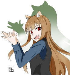 Rule 34 | 1girl, :d, absurdres, animal ear fluff, animal ears, aogiri (grasper81), blunt bangs, blush, brown hair, commentary request, dog shadow puppet, drop shadow, fang, from side, hands up, highres, holo, long hair, looking at viewer, open mouth, red eyes, shadow puppet, signature, simple background, smile, solo, spice and wolf, straight hair, teeth, upper body, very long hair, white background, wolf ears, wolf girl