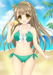 Rule 34 | 10s, 1girl, bad id, bad pixiv id, beach, bikini, blush, bow, breasts, brown eyes, brown hair, cleavage, cloud, day, food, frilled bikini, frills, front-tie top, green bikini, hair bow, long hair, looking at viewer, love live!, love live! school idol project, medium breasts, meruko (meltea cat), minami kotori, navel, open mouth, outdoors, palm tree, popsicle, revision, side-tie bikini bottom, sky, smile, solo, swimsuit, thigh gap, topknot, tree