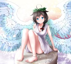 Rule 34 | 1girl, ahoge, alternate costume, ancient greek clothes, angel wings, anklet, baileys (tranquillity650), bare arms, bare legs, bare shoulders, barefoot, black hair, blue eyes, blue wings, blush, braid, breasts, chiton, cleavage, closed mouth, collarbone, convenient leg, dress, feet, full body, hair flaps, hair ornament, hair over shoulder, hair ribbon, highres, jewelry, kantai collection, knees up, leaf hair ornament, long hair, medium breasts, multicolored background, multiple wings, pigeon-toed, pillar, red ribbon, ribbon, shigure (kancolle), shigure kai ni (kancolle), signature, single braid, sleeveless, sleeveless dress, solo, tareme, toes, white dress, wings