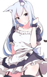 Rule 34 | 1girl, animal ears, apron, black dress, black thighhighs, blue eyes, blue hair, blush, cat ears, cat tail, cowboy shot, dress, enelis, frilled apron, frills, garter straps, head tilt, idolmaster, idolmaster million live!, idolmaster million live! theater days, long hair, looking at viewer, maid apron, parted lips, puffy short sleeves, puffy sleeves, shiraishi tsumugi, short sleeves, simple background, solo, tail, tail raised, thighhighs, very long hair, white apron, white background, wrist cuffs