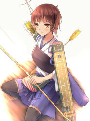 Rule 34 | 10s, 1girl, arrow (projectile), bad id, bad pixiv id, blush, bow (weapon), brown eyes, brown hair, flight deck, gloves, hachita (odangoya), japanese clothes, kaga (kancolle), kantai collection, looking at viewer, mecha musume, muneate, open mouth, partially fingerless gloves, partly fingerless gloves, quiver, revision, short hair, side ponytail, skirt, solo, tasuki, thighhighs, weapon, yugake