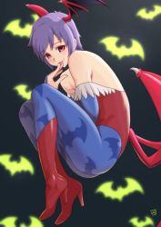 Rule 34 | 1girl, animal print, bare shoulders, bat background, bat print, bat wings, black background, boots, bridal gauntlets, commentary request, demon girl, fetal position, finalcake, full body, head wings, high heel boots, high heels, highres, knee boots, leotard, lilith aensland, looking at viewer, low wings, pantyhose, print pantyhose, purple hair, red eyes, red leotard, short hair, solo, strapless, strapless leotard, tongue, tongue out, vampire (game), wings