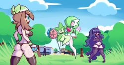 Rule 34 | 1boy, 3girls, ass, blue eyes, blue sky, breasts, breasts out, brown hair, cleavage, cleft of venus, creatures (company), game freak, gardevoir, gen 3 pokemon, green eyes, hex maniac (pokemon), highres, huge ass, huge breasts, large areolae, large breasts, long hair, may (pokemon), multiple girls, navel, nintendo, nipples, nude, outdoors, pokemon, pokemon (creature), pokemon xy, puffy nipples, roselia (pokemon), screwroot, sex, short hair, sky, smile, standing, uncensored, wristband