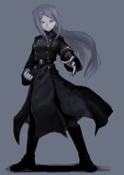 Rule 34 | 1girl, armband, belt, boots, clenched hand, coat, expressionless, gloves, grey eyes, hetza (hellshock), long hair, nazi, silver hair, simple background, solo, swastika, white gloves