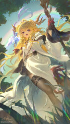 1girl absurdres animal arknights blonde_hair brown_thighhighs coat commentary_request commission day fantasy feet_out_of_frame from_below gloves grass highres hood hood_down hooded_coat leizi_(arknights) lens_flare long_hair long_sleeves myluche open_clothes open_coat open_mouth outdoors partial_commentary plant pointy_ears purple_eyes rainbow red_gloves skeb_commission smile solo squirrel standing sunlight thighhighs white_coat wide_sleeves wind