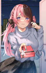 Rule 34 | 1girl, absurdres, blue eyes, blush, bow, box, brown hair, closed mouth, commentary, gift, gift box, green nails, hair bow, twirling hair, hand up, highres, incoming gift, indoors, long hair, long sleeves, looking at viewer, multicolored hair, night, pink hair, plaid, plaid skirt, ribbed sweater, ringozeri, skirt, solo, split-color hair, star (sky), sweater, tachibana hinano (vtuber), two-tone hair, valentine, virtual youtuber, vspo!
