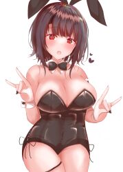 Rule 34 | 1girl, absurdres, alternate costume, animal ears, bare shoulders, black bow, black bowtie, black hair, black leotard, blunt bangs, blush, bow, bowtie, breasts, carrot, cleavage, detached collar, heart, highres, kantai collection, large breasts, leotard, lokolokooo, looking at viewer, playboy bunny, rabbit, rabbit ears, rabbit tail, red eyes, short hair, simple background, solo, tail, takao (kancolle), white background, wrist cuffs