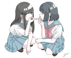 Rule 34 | 2girls, absurdres, bad id, bad pixiv id, black hair, blue eyes, blue sailor collar, blue skirt, brown eyes, brown footwear, brown hair, cigarette, cigarette kiss, commentary request, full body, hand up, highres, long hair, looking at another, looking at viewer, multiple girls, neckerchief, original, pleated skirt, red neckerchief, sailor collar, school uniform, serafuku, shirt, short hair, short sleeves, signature, simple background, skirt, squatting, tsuzuki amy, white background, white shirt