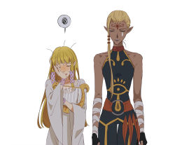 Rule 34 | 2girls, bare shoulders, blonde hair, blue pants, blunt bangs, blush, closed eyes, closed mouth, commentary, dark-skinned female, dark skin, dress, english commentary, grey lips, hand on own face, harp, height difference, highres, holding, holding instrument, impa, instrument, lips, long hair, multiple girls, nintendo, open mouth, pants, princess zelda, short hair, sleeveless, smile, sophie (693432), sweat, teardrop facial mark, the legend of zelda, the legend of zelda: skyward sword, white dress, wide sleeves