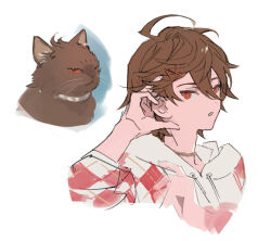 Rule 34 | 1boy, 1other, animalization, brown hair, choker, commentary request, expressionless, granblue fantasy, hair between eyes, hand in own hair, hood, hood down, hoodie, iwashi (morpho000), looking at viewer, male focus, messy hair, official alternate costume, official alternate hairstyle, parted lips, plaid, portrait, red eyes, sandalphon (granblue fantasy), short hair, solo focus, white hood, white hoodie