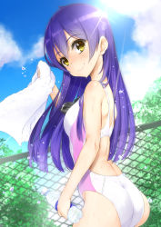 Rule 34 | 10s, 1girl, ass, blue hair, bottle, bush, chain-link fence, cloud, competition swimsuit, day, fence, goggles, goggles around neck, light rays, long hair, love live!, love live! school idol project, one-piece swimsuit, shou moeboshi, sky, smile, solo, sonoda umi, sunbeam, sunlight, swimsuit, towel, water bottle, water drop, yellow eyes