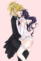 Rule 34 | 2girls, ayase eli, bare shoulders, between legs, blonde hair, blue eyes, blush, bow, bowtie, e len, earrings, elbow gloves, closed eyes, formal, gloves, hand between legs, highres, implied fingering, jewelry, lace, lace-trimmed legwear, lace trim, love live!, love live! school idol project, multiple girls, pant suit, pants, pink background, ponytail, purple hair, suit, sweat, thighhighs, tojo nozomi, white gloves, wife and wife, yuri
