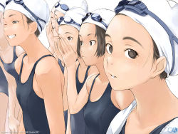 Rule 34 | 6+girls, brown eyes, brown hair, face, flat chest, forehead, gafas, gagraphic, goggles, goggles on head, grin, kamo (gafas), multiple girls, one-piece swimsuit, one eye closed, open mouth, original, school swimsuit, shouting, smile, swim cap, swimsuit, wallpaper, watermark