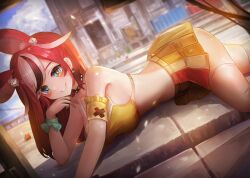 Rule 34 | 1girl, absurdres, alternate costume, animal ear fluff, animal ears, blue eyes, blurry, blurry background, breasts, choker, dice hair ornament, earrings, elbow rest, gradient eyes, grin, hair ornament, hakos baelz, highres, hololive, hololive english, jewelry, large breasts, midriff, miniskirt, mouse ears, mouse girl, mr. squeaks (hakos baelz), multicolored eyes, multicolored hair, pleated skirt, red hair, skirt, smile, solo, spiked choker, spikes, sports bra, streaked hair, thighhighs, thighs, virtual youtuber, white thighhighs, zettai ryouiki, ziteng yue