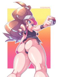 Rule 34 | 1girl, absurdres, ass, baseball cap, bikini, black bikini, black vest, blue eyes, breasts, brown hair, butt crack, cameltoe, cleft of venus, covered erect nipples, creatures (company), curly hair, from behind, game freak, hat, high ponytail, highres, hilda (pokemon), huge ass, kaikoinu, large breasts, long hair, looking away, nintendo, panties, pokemon, pokemon bw, ponytail, shiny skin, sideboob, sidelocks, sleeveless, solo, standing, swimsuit, thick thighs, thighs, thong, underwear, vest, wide hips, wristband