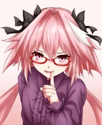Rule 34 | 1boy, absurdres, astolfo (fate), black bow, blush, bow, center frills, fang, fate/apocrypha, fate (series), finger to mouth, frills, glasses, hair between eyes, hair intakes, highres, index finger raised, long hair, long sleeves, looking at viewer, low twintails, male focus, multicolored hair, nagishy, open mouth, pink hair, purple eyes, purple shirt, red-framed eyewear, shirt, shushing, skin fang, smile, solo, streaked hair, trap, twintails, white hair