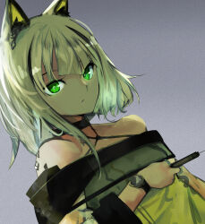 Rule 34 | 1girl, absurdres, animal ears, ao oni (onioni-aoi), arknights, backlighting, bare shoulders, cat ears, cat girl, closed mouth, commentary request, dress, dutch angle, expressionless, glowing, glowing eyes, green dress, green eyes, grey background, grey hair, halterneck, hand up, highres, holding, holding syringe, infection monitor (arknights), kal&#039;tsit (arknights), long sleeves, looking at viewer, material growth, medium hair, off-shoulder dress, off shoulder, oripathy lesion (arknights), partial commentary, solo, syringe, unfinished, upper body, watch, wristwatch, yellow dress