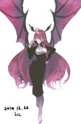 Rule 34 | 1girl, alternate costume, barefoot, bat wings, bespectacled, black dress, breasts, cleavage, dated, dress, full body, glasses, hand on own hip, head wings, highres, koakuma, long hair, long sleeves, looking at viewer, medium breasts, namauni, pantyhose, red-framed eyewear, red eyes, red hair, simple background, smile, solo, striped clothes, striped pantyhose, touhou, very long hair, white background, wings