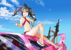 Rule 34 | 1girl, ;), artist name, artist request, bare legs, bare shoulders, barefoot, barefoot sandals (jewelry), bikini, bikini skirt, black hair, blush, bow, breasts, car, cleavage, collarbone, criss-cross halter, feet, female focus, flat chest, floating hair, flower, full body, gun, hair between eyes, hair bow, hair flower, hair ornament, halterneck, holding, holding gun, holding weapon, long hair, looking at viewer, love live!, love live! school idol festival, love live! school idol project, m/, motor vehicle, nail polish, nico nico nii, one eye closed, parted lips, pink nails, red bikini, red eyes, sandals, shangri-la shower, short hair, short twintails, side-tie bikini bottom, sitting, sitting on car, small breasts, smile, solo, swimsuit, teeth, twintails, weapon, white flower, white footwear, yazawa nico