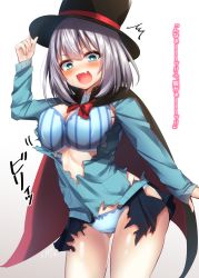 Rule 34 | 1girl, bad id, bad pixiv id, black skirt, blue bra, blue panties, blush, bow, bowtie, bra, breasts, cape, commentary request, fang, green eyes, grey hair, hair between eyes, hat, highres, large breasts, long sleeves, looking down, open mouth, panties, ramchi, school uniform, skin fang, skirt, smile, solo, standing, tejina senpai, tejina senpai (series), thighs, top hat, torn clothes, translation request, underwear, uniform