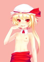 Rule 34 | 1girl, blood, blood on face, detached collar, fang, female focus, flandre scarlet, flat chest, hat, looking at viewer, nipples, red eyes, short hair, side ponytail, simple background, skirt, smile, solo, tianlluo, topless, touhou, upper body