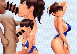 Rule 34 | 1boy, 1girl, arm up, bad id, bad twitter id, bar censor, bare shoulders, blue one-piece swimsuit, blush, breasts, brown eyes, brown hair, censored, cleavage, closed mouth, collarbone, cross-laced clothes, cross-laced one-piece swimsuit, erection, fellatio, hand in own hair, hetero, highleg, highleg swimsuit, highres, hip focus, kaga (kancolle), kantai collection, large breasts, long hair, looking at viewer, multiple views, one-piece swimsuit, open mouth, oral, penis, side ponytail, swimsuit, testicles, thighs, wa (genryusui)