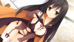 Rule 34 | 1girl, black hair, black panties, blush, boots, breasts, brown eyes, cape, cleavage, collarbone, covered erect nipples, detached sleeves, dutch angle, female focus, game cg, garter straps, hexagram, large breasts, leaning forward, long hair, muririn, open mouth, panties, sanoba witch, solo, thigh boots, thighhighs, togakushi touko, underwear, white thighhighs