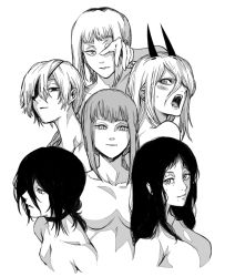 Rule 34 | 6+girls, black choker, black hair, blush, breasts, chainsaw man, choker, closed mouth, demon girl, demon horns, expressionless, eyepatch, fangs, greyscale, group picture, highres, horns, long hair, looking at viewer, looking away, looking to the side, makima (chainsaw man), medium breasts, medium hair, mole, mole on cheek, mole under eye, mole under mouth, monochrome, monster girl, multiple girls, no bra, no nipples, nude, open mouth, power (chainsaw man), quanxi (chainsaw man), reze (chainsaw man), ringed eyes, santa claus (chainsaw man), sawatari akane (chainsaw man), sharp teeth, short hair, simple background, slit pupils, small breasts, smile, smirk, teeth, upper body, white background, zanki