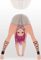 Rule 34 | 1girl, ankle lace-up, barefoot, bent over, brown eyes, cross-laced footwear, cuffs, from behind, full body, hairline, hareno chiame, kneepits, long legs, looking through own legs, magi the labyrinth of magic, morgiana, parted lips, purple hair, reflection, shackles, side ponytail, solo, spread legs, standing, stretching, upside-down