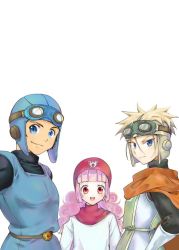 Rule 34 | 1girl, 2boys, belt, blonde hair, cape, closed mouth, commentary request, dragon quest, dragon quest ii, dress, gloves, goggles, goggles on head, goggles on headwear, hat, hood, hood up, long hair, looking at viewer, multiple boys, open mouth, prince of lorasia, prince of samantoria, princess, princess of moonbrook, purple hair, red eyes, robe, simple background, smile, spiked hair, white background, white robe