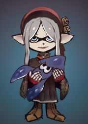 Rule 34 | 1girl, beret, black cloak, black dress, black eyes, bloodborne, blue background, blue eyes, boots, brown footwear, carrying, cloak, closed mouth, cross-laced footwear, crossover, doll joints, dress, female focus, flower, grey hair, hands up, hat, hat flower, highres, holding, inkling, inkling player character, ippo, joints, long hair, looking at viewer, nintendo, parted bangs, plain doll, pointy ears, red hat, rose, sidelocks, simple background, sketch, solo, splatoon (series), straight-on, tentacle hair, tentacles, yellow flower, yellow rose