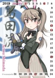Rule 34 | 10s, 1girl, adapted uniform, animal ears, bandages, black bow, black bowtie, black gloves, black leotard, black pantyhose, black ribbon, blurry, blurry background, boko (girls und panzer), bow, bowtie, breasts, brown eyes, calendar, cast, character name, coattails, collar, commentary request, cowboy shot, detached collar, elbow gloves, emblem, english text, fake animal ears, fake tail, fishnet pantyhose, fishnets, girls und panzer, gloves, grey jacket, hair ribbon, highleg, highleg leotard, highres, holding, holding stuffed toy, jacket, january, leotard, light brown hair, looking at viewer, pantyhose, parted lips, playboy bunny, rabbit ears, rabbit tail, ribbon, scar, selection university (emblem), selection university military uniform, shimada arisu, side ponytail, small breasts, solo, standing, stuffed animal, stuffed toy, tail, tattoo, twitter username, wan&#039;yan aguda, white collar, wrist cuffs