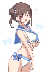 Rule 34 | 1boy, azu ankoowl, blush, breasts, brown hair, double bun, hair bun, highres, idolmaster, idolmaster shiny colors, looking at viewer, medium breasts, notice lines, official alternate costume, ribbon print, sailor bikini, sailor collar, simple background, smile, solo, sonoda yuu, twintails, v, white background