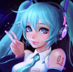 Rule 34 | 1girl, bad id, bad tumblr id, bare shoulders, blue eyes, blue hair, blue necktie, blush, closed mouth, collared shirt, detached sleeves, hair between eyes, hand up, hatsune miku, headphones, ilya kuvshinov, long hair, long sleeves, looking at viewer, necktie, number tattoo, revision, shirt, shoulder tattoo, smile, solo, tattoo, twintails, upper body, v, vocaloid, wing collar