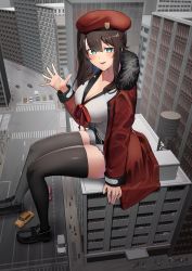 Rule 34 | 1girl, absurdres, beret, black thighhighs, breasts, building, car, city, cleavage, coat, commission, female commander (girls&#039; frontline), fur-trimmed coat, fur-trimmed collar, fur trim, giant, giantess, girls&#039; frontline, griffin &amp; kryuger military uniform, hanabusaraleigh, hat, highres, large breasts, long sleeves, looking at viewer, medium hair, military hat, motor vehicle, open mouth, red coat, red headwear, second-party source, shirt, sitting, skindentation, smile, termichan (not-a-bot), thighhighs, waving, white shirt, zettai ryouiki