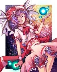 Rule 34 | 1girl, arm up, ascot, bad id, bad pixiv id, bat wings, brooch, energy ball, artistic error, female focus, hat, hat ribbon, highres, jewelry, light particles, lights, looking at viewer, midriff, mizuki (ekakichan), open mouth, pointy ears, purple eyes, purple hair, remilia scarlet, revision, ribbon, shirt, short hair, skirt, skirt set, solo, star (symbol), torn wings, touhou, upskirt, wings, wrist cuffs, wrist ribbon