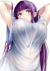 Rule 34 | 1girl, armpits, arms up, blunt bangs, blush, breasts, commentary, covered navel, fern (sousou no frieren), grey shirt, highres, irohara, large breasts, long hair, looking at viewer, purple eyes, purple hair, shirt, simple background, solo, sousou no frieren, upper body, very long hair, white background