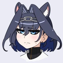 Rule 34 | 1girl, :|, animal ear fluff, animal ears, blue eyes, blue hair, bow, bow earrings, breasts, cat ears, chain, closed mouth, colored inner hair, commentary, cropped shoulders, earrings, furrowed brow, grey background, hair intakes, headband, highres, hololive, hololive english, jewelry, jitome, large breasts, looking at viewer, multicolored hair, ouro kronii, portrait, short hair, simple background, solo, sweatdrop, toripuru (tripl3), virtual youtuber, zipper