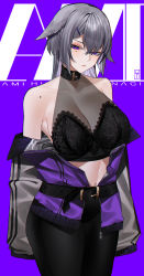 Rule 34 | 1girl, absurdres, animal ears, bare shoulders, belt, breasts, character name, cleavage, collar, cowboy shot, crop top, crossed bangs, dog ears, earrings, grey hair, hair between eyes, highres, j.moon, jacket, jewelry, large breasts, long hair, looking at viewer, mole, mole on shoulder, mole under eye, multiple moles, navel, off shoulder, open clothes, open jacket, original, pants, purple background, purple eyes, see-through, sleeves past wrists, solo, tight clothes, tight pants
