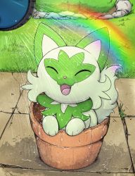 Rule 34 | :3, ^ ^, animal focus, artist name, bush, closed eyes, creatures (company), day, closed eyes, fangs, flower pot, game freak, grass, green theme, happy, highres, in container, nintendo, no humans, open mouth, otakuap, outdoors, pokemon, pokemon (creature), puddle, rainbow, signature, smile, solo, sprigatito, upper body, water, watering, watering can, wet