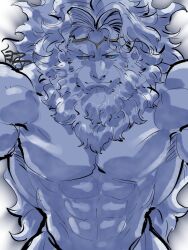 Rule 34 | 1boy, abs, artist name, bara, beard, blue sclera, circlet, colored sclera, commentary request, facial hair, fate/grand order, fate (series), full beard, highres, looking at viewer, male focus, muscular, muscular male, pectorals, shirako (kirupi), topless male, white background, white hair, yellow eyes, zeus (fate)