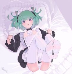 Rule 34 | 1boy, absurdres, alternate costume, animal ears, apron, artist name, ascot, ass, black choker, cat ears, choker, crossdressing, feet, foot focus, foreshortening, frilled pillow, frilled sleeves, frills, green hair, head on pillow, highres, juliet sleeves, legs up, light blush, lio fotia, long sleeves, looking at viewer, lying, maid, maid apron, maid headdress, male focus, on back, on bed, open mouth, panties, pantyshot, parted lips, pillow, presenting foot, promare, puffy sleeves, purple eyes, short hair, soles, solo, thighhighs, toes, trap, underwear, white ascot, white panties, white thighhighs, xyz008