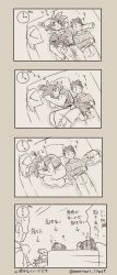 Rule 34 | 1girl, 3boys, 4koma, ^ ^, analog clock, arrow (symbol), bed, bed sheet, black hair, brothers, chi-chi (dragon ball), clenched hands, clock, closed eyes, comic, d:, dragon ball, dragonball z, expressionless, falling, family, father and son, from above, greyscale, hands on lap, hands on own chest, hanging, happy, highres, knees to chest, looking at another, lying, mattari illust, monochrome, mother and son, multiple boys, no eyes, on back, on bed, on stomach, open mouth, pillow, profile, siblings, sleeping, smile, son gohan, son goku, son goten, spiked hair, sweatdrop, translation request, twitter username, zzz