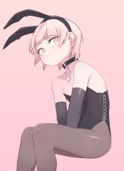 1other androgynous animal_ears arched_bangs armpit_crease arms_between_legs black_collar black_gloves black_leotard black_pantyhose blush breasts bright_pupils closed_mouth collar collarbone cross-laced_clothes cross-laced_leotard elbow_gloves fake_animal_ears gloves gradient_background highres leotard looking_at_viewer original pantyhose pink_background playboy_bunny rabbit_ears sake_goroke short_eyebrows short_hair sitting small_breasts solo thighs variant_set yellow_eyes