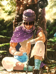 Rule 34 | 1boy, against tree, armlet, black hair, blunt bangs, bob (biyonbiyon), cape, closed eyes, dappled sunlight, day, dragon quest, dragon quest v, full body, hat, headpat, hero (dq5), highres, light smile, long hair, male focus, muscular, nature, outdoors, sitting, sleeping, slime (dragon quest), smile, solo, square enix, staff, sunlight, torn clothes, tree, tree shade, turban, vambraces, weapon