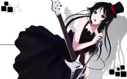 Rule 34 | 00s, 1girl, akiyama mio, bass guitar, black hair, cait aron, don&#039;t say &quot;lazy&quot;, dress, guitar, highres, instrument, k-on!, microphone, microphone stand, open mouth, solo, wallpaper
