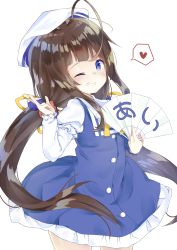 Rule 34 | 10s, 1girl, beret, blue dress, blue eyes, brown hair, collared dress, colored eyelashes, commentary request, cowboy shot, dress, folding fan, frilled dress, frills, grin, hand fan, hand up, hat, heart, highres, hinatsuru ai, holding, holding fan, layered sleeves, long hair, long sleeves, low twintails, one eye closed, puffy short sleeves, puffy sleeves, ryuuou no oshigoto!, school uniform, shiraki shiori, short over long sleeves, short sleeves, simple background, sleeves past wrists, smile, solo, spoken heart, twintails, very long hair, white background, white hat