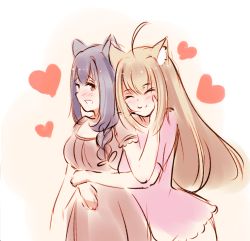 Rule 34 | 2girls, :3, :d, ^ ^, ahoge, animal ears, blonde hair, blue hair, braid, cat ears, commentary, dress, closed eyes, hand on another&#039;s cheek, hand on another&#039;s face, heart, hexunart, hug, hug from behind, long hair, multiple girls, open mouth, original, pink dress, short sleeves, simple background, sketch, smile, yuri