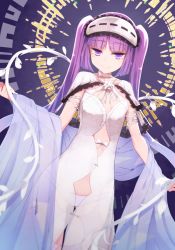 Rule 34 | 1girl, bow, breasts, commentary request, fate/grand order, fate (series), hairband, halo, highres, lolita hairband, long hair, looking at viewer, panties, pink panties, purple eyes, purple hair, see-through, small breasts, smile, solo, star (symbol), stheno (fate), stheno (third ascension) (fate), tostos, twintails, underwear, veil, very long hair, white bow