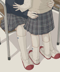 Rule 34 | 2girls, absurdres, ankle socks, avogado6, black shirt, book, chair, classroom, desk, hand on another&#039;s arm, hand on another&#039;s back, head out of frame, highres, hug, implied kiss, kneehighs, kneepits, long sleeves, lower body, multiple girls, original, plaid, plaid skirt, pleated skirt, school, school chair, school desk, school uniform, shirt, sitting, skirt, socks, yuri